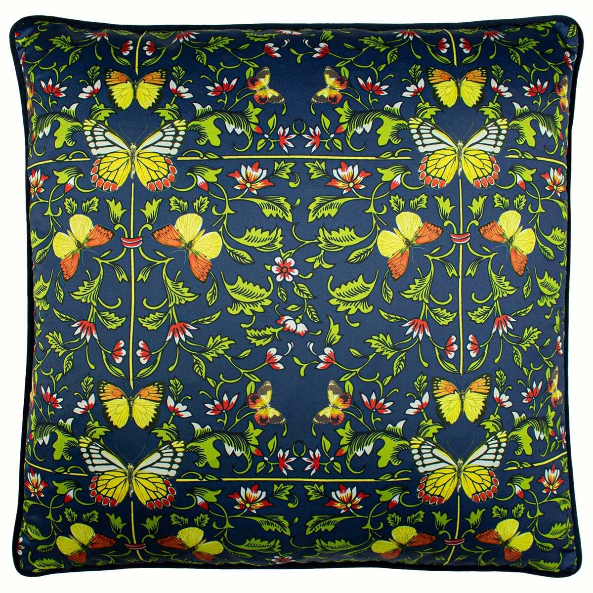 Potage Botanical Print Satin Navy Filled Cushions 20'' X 20'' 3 Potage Botanical Print Satin Navy Filled Cushions 20'' X 20''