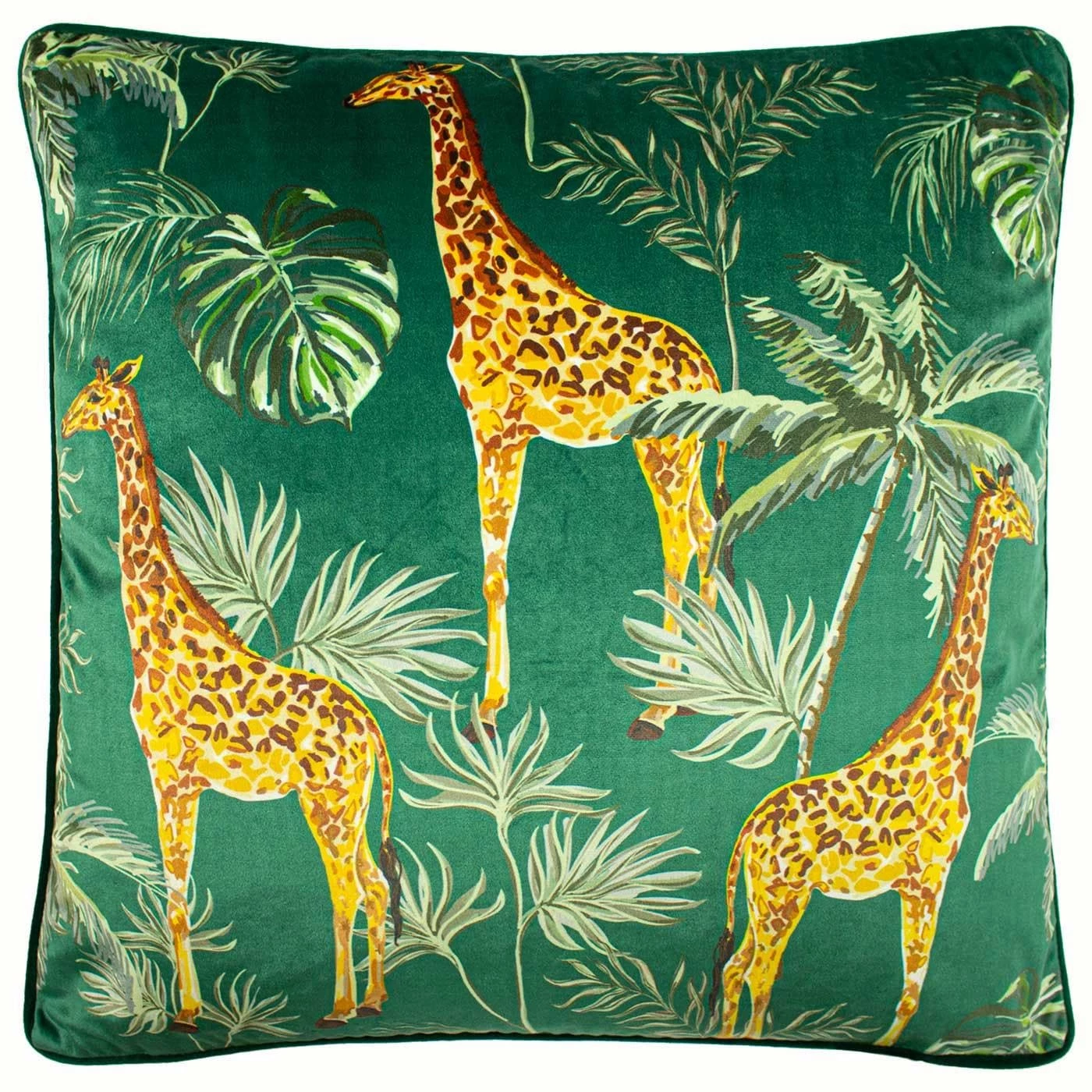 Giraffe Palm Jungle Velvet Green Filled Cushions 20'' X 20'' 3 Giraffe Palm Jungle Velvet Green Filled Cushions 20'' X 20''