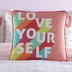 Love Yourself Print Coral FiIled Cushion