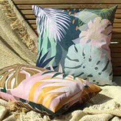 Furn Leafy Palms Outdoor Teal Cushion Cover 17'' X 17''