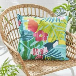 Tropical Birds Teal Outdoor Filled Cushion