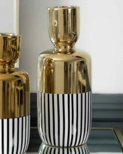 Tall Halley Black & White Stripe Gold Vase