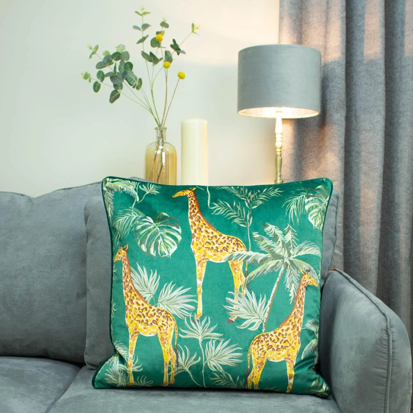 Giraffe Palm Jungle Velvet Green Filled Cushions 20'' X 20'' 4 Giraffe Palm Jungle Velvet Green Filled Cushions 20'' X 20'' - Image 2