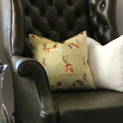 Country Running Hares Sage Filled Cushion
