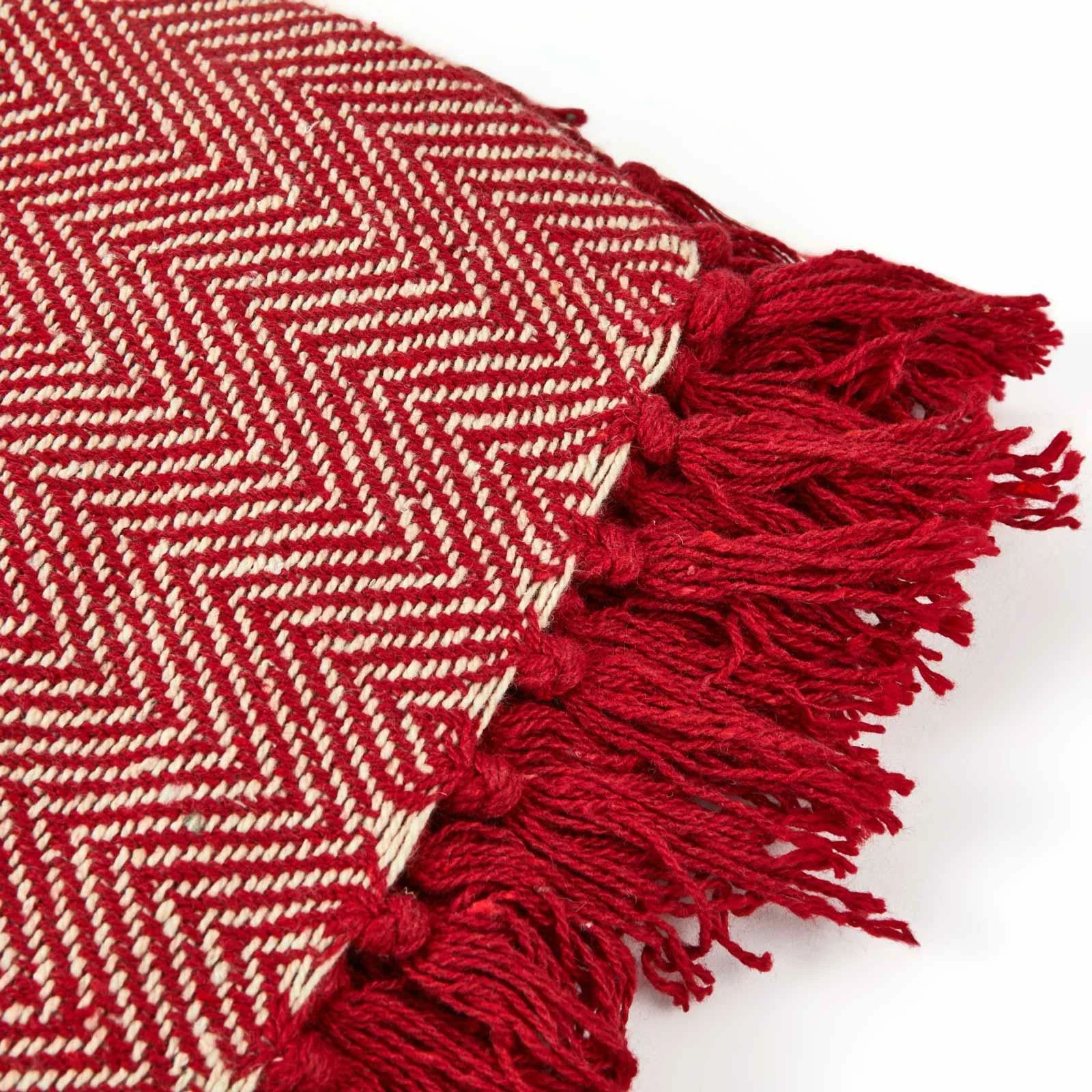 Herringbone Tasselled Recycled Cotton Throw Red 7 Herringbone Tasselled Recycled Cotton Throw Red - Image 5