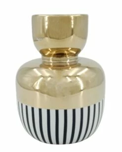 Small Halley Black & White Stripe Gold Vase