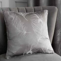 Feather Metallic Silver Cushion Cover 17'' X 17''