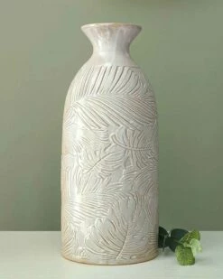 Ideal Poplar Cream Etched Leaf 32cm Glazed Vase