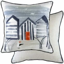 Nautical Beach Huts Seaside Scene Blue Filled Cushions 17'' X 17''