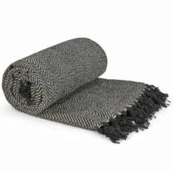 Herringbone Tasselled Recycled Cotton Throw Black