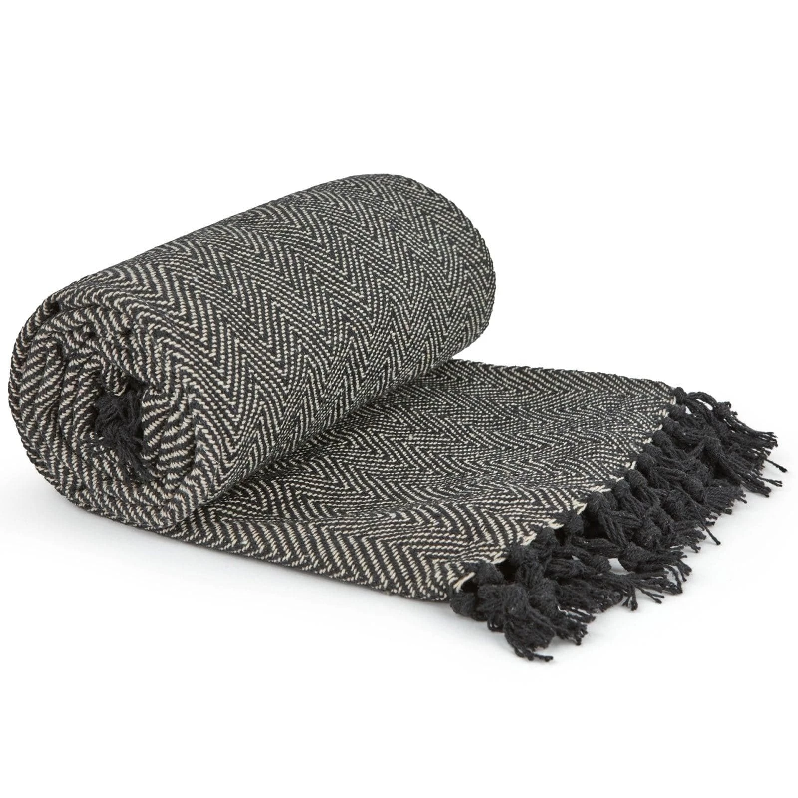 Herringbone Tasselled Recycled Cotton Throw Black 3 Herringbone Tasselled Recycled Cotton Throw Black
