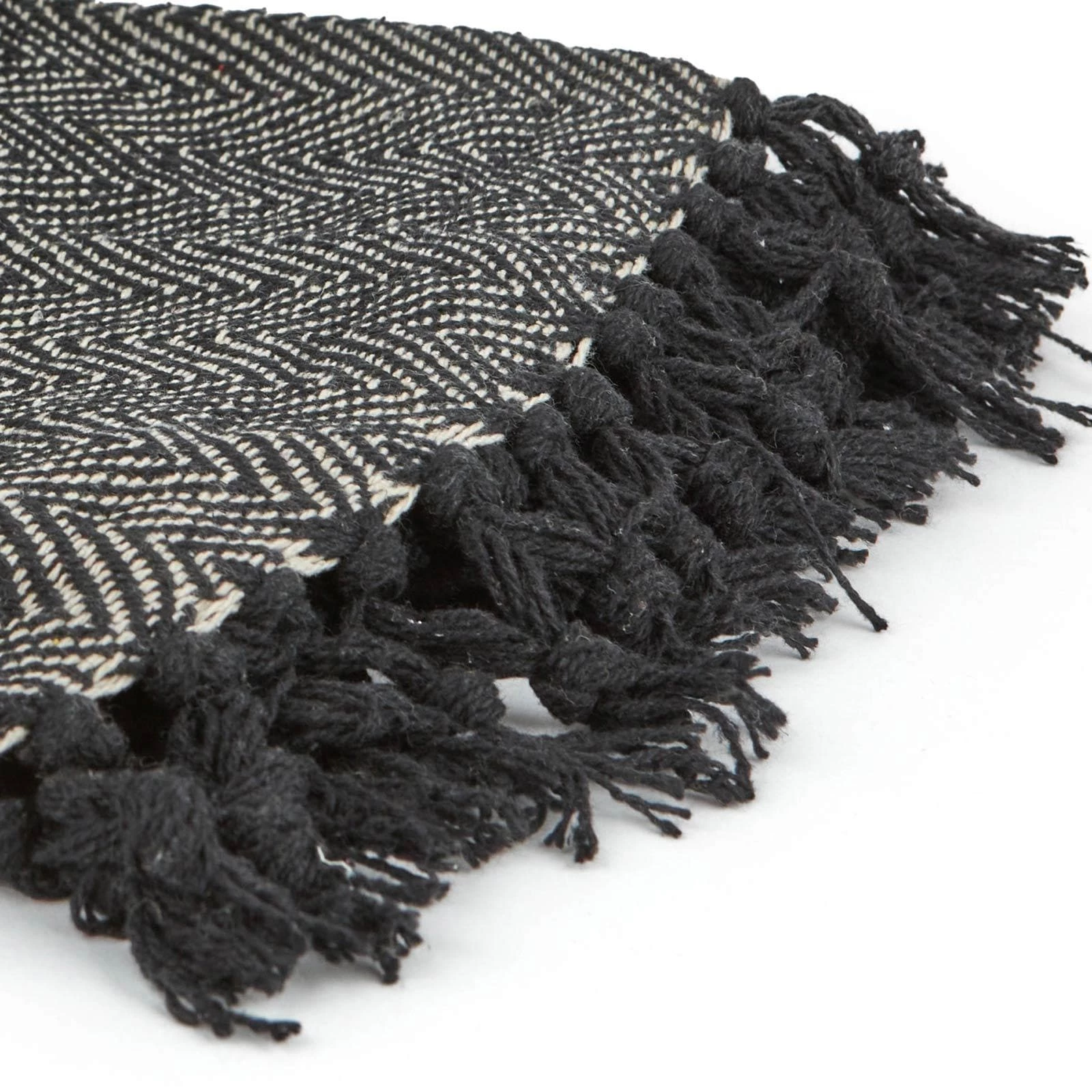 Herringbone Tasselled Recycled Cotton Throw Black 4 Herringbone Tasselled Recycled Cotton Throw Black - Image 2