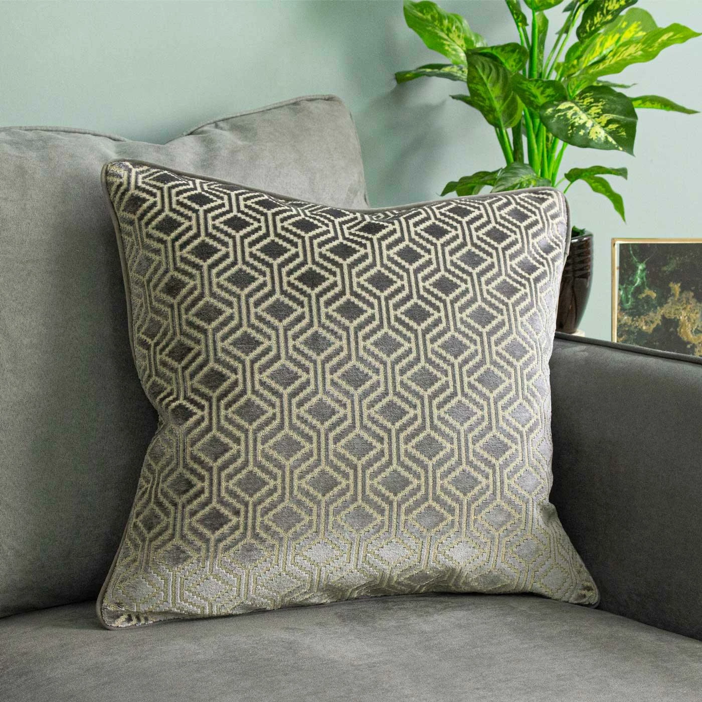 Avenue Geometric Velvet Grey Filled Cushions 18'' X 18'' 4 Avenue Geometric Velvet Grey Filled Cushions 18'' X 18'' - Image 2
