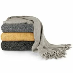 Herringbone Tasselled Recycled Cotton Throw Ochre -Ideal Shop group 768647d8 3492 49bf a840 de42ea521646