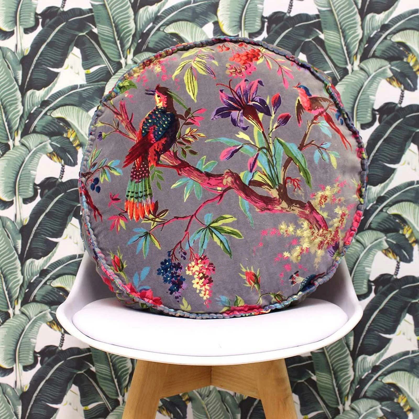 Paradise Tropical Chinoiserie Velvet Mink Filled Round Cushion 4 Paradise Tropical Chinoiserie Velvet Mink Filled Round Cushion - Image 2