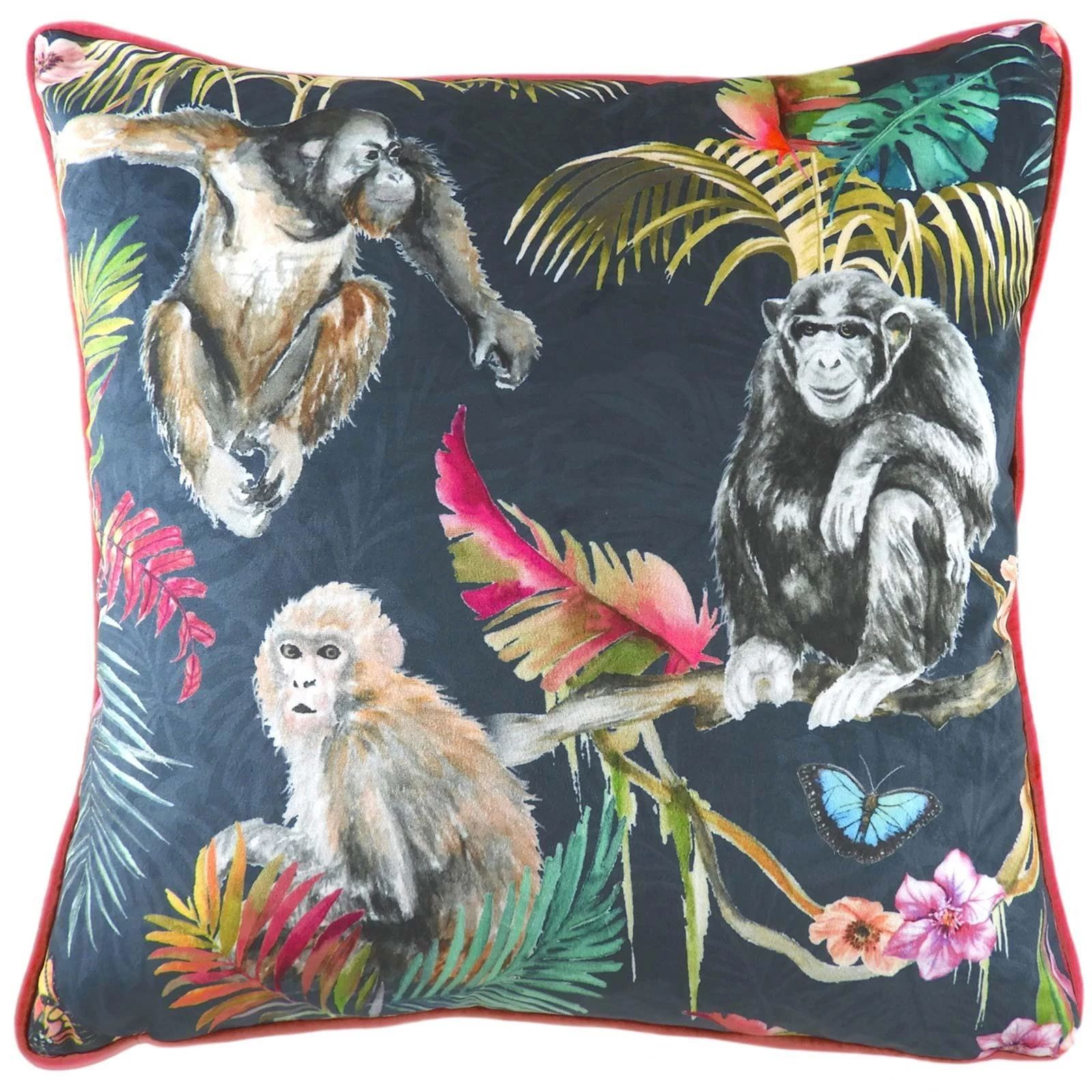 Jungle Monkeys Tropical Print Velvet Blue Filled Cushions 17'' X 17'' 3 Jungle Monkeys Tropical Print Velvet Blue Filled Cushions 17'' X 17''