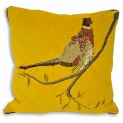 Hunter Velvet Pheasant Embroidery Mustard Filled Cushions 18'' X 18''