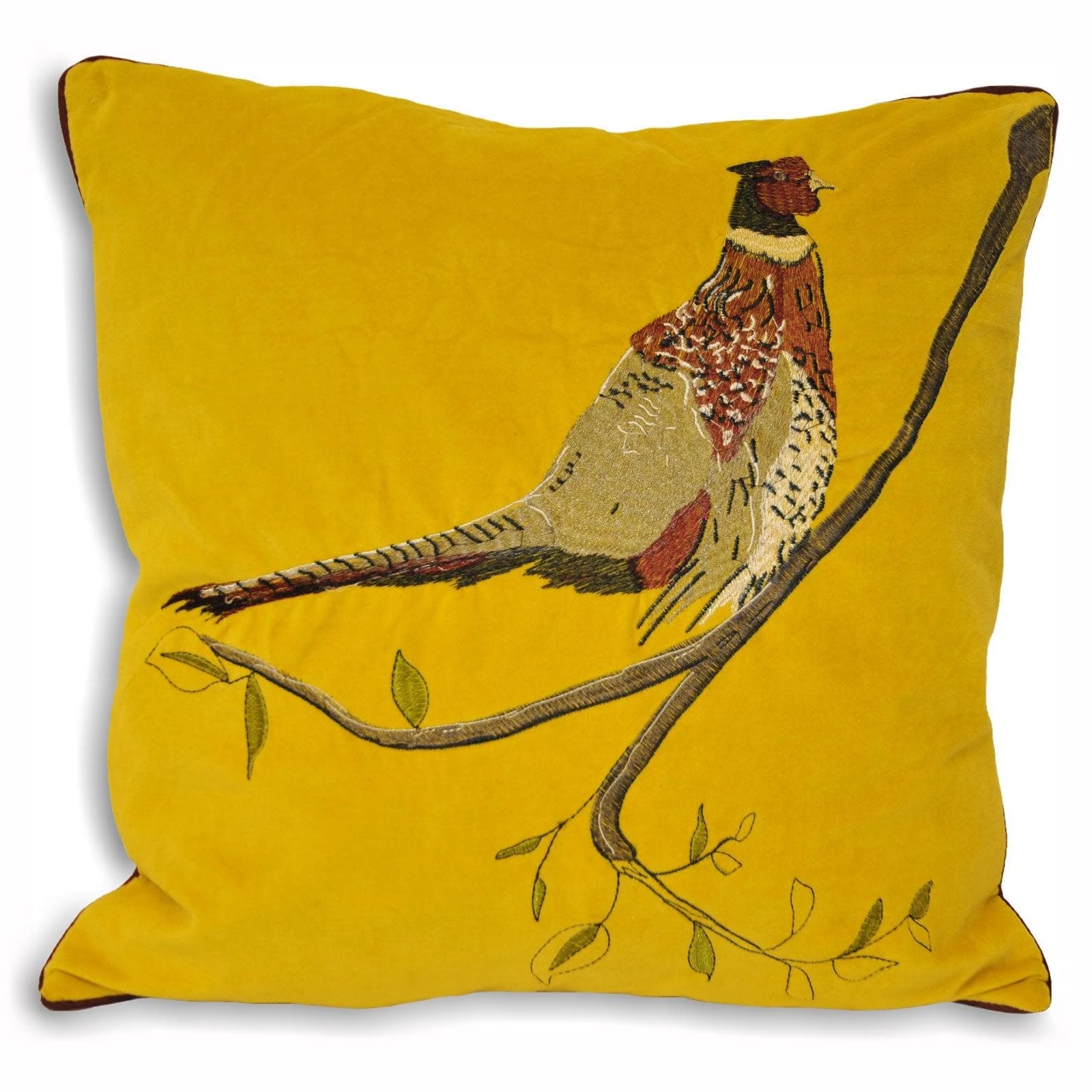 Hunter Velvet Pheasant Embroidery Mustard Filled Cushions 18'' X 18'' 3 Hunter Velvet Pheasant Embroidery Mustard Filled Cushions 18'' X 18''