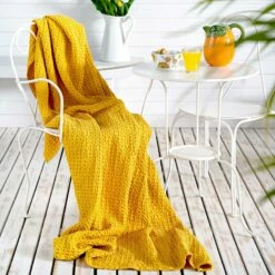 Mallory Luxury Honeycomb Waffle Throw Mustard