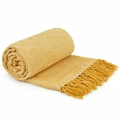 Herringbone Tasselled Recycled Cotton Throw Ochre