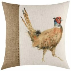 Hessian Pheasant Countryside Watercolour Print Filled Cushions 17'' X 17''