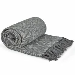 Herringbone Tasselled Recycled Cotton Throw Silver